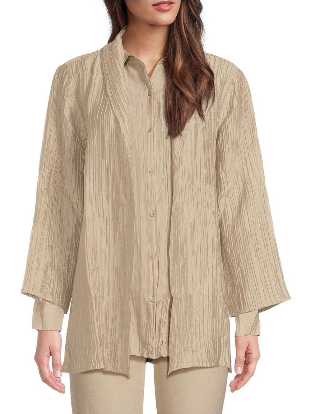 Eileen Fisher Beige Crinkle Shimmer High Collar open front Jacket M NWT $258